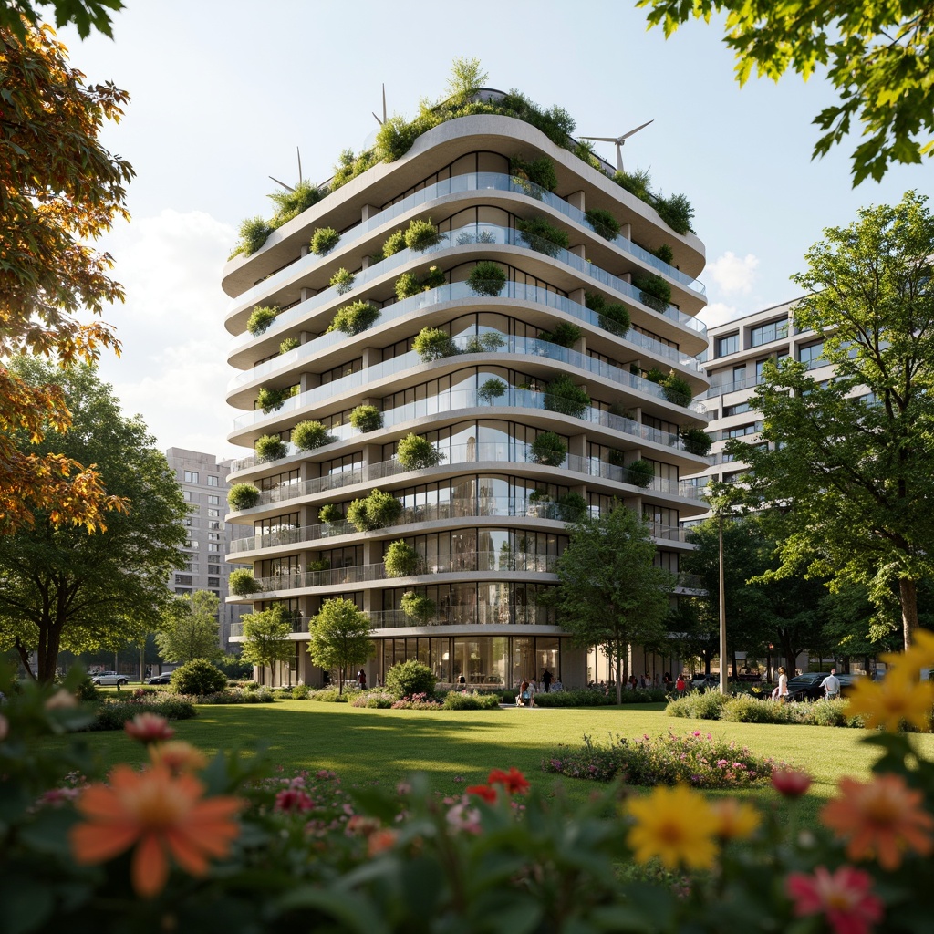 Prompt: Eco-friendly apartment building, curved blob-like shape, green roofs, solar panels, wind turbines, rainwater harvesting systems, recycled materials, natural ventilation, large windows, minimal ornamentation, soft warm lighting, shallow depth of field, 3/4 composition, panoramic view, realistic textures, ambient occlusion, lush greenery, vibrant flowers, urban forest, morning sunlight, gentle breeze, peaceful atmosphere.