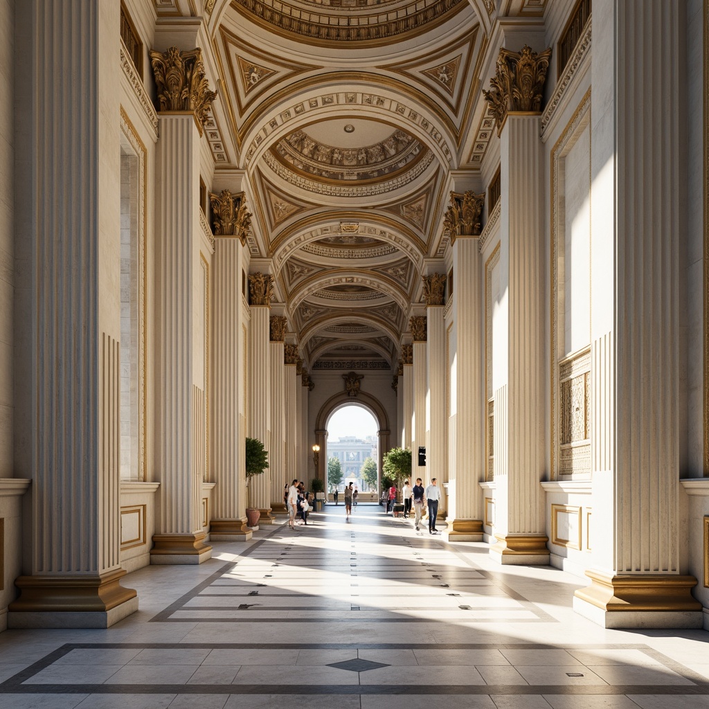 Prompt: Elegant neoclassical architecture, ornate columns, intricately carved details, soft creamy whites, warm beige tones, rich gold accents, deep blues, velvety reds, subtle earthy undertones, ornamental moldings, grandiose scale, symmetrical composition, dramatic lighting, high contrast ratios, atmospheric perspective, realistic textures, ambient occlusion.