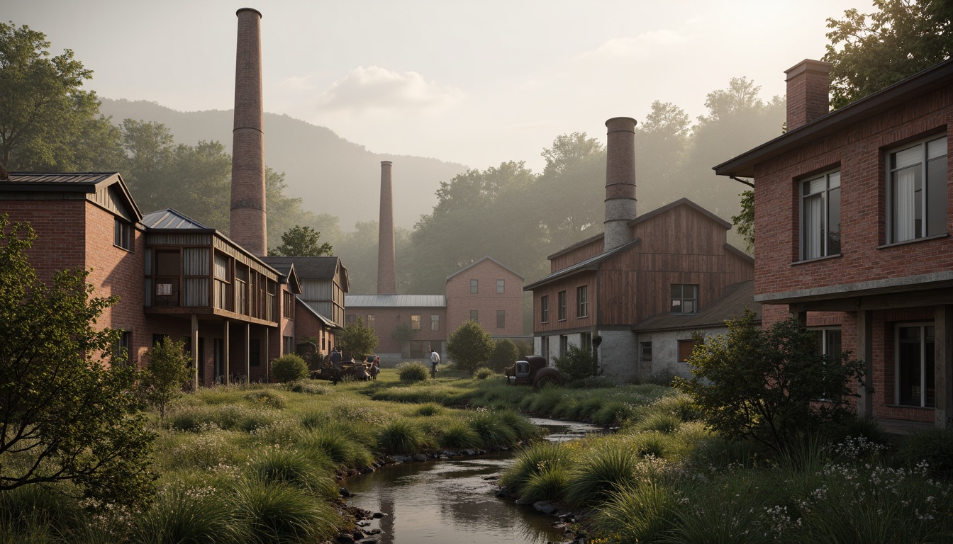 Prompt: Industrial factory complex, rustic brick buildings, corrugated metal roofs, worn concrete walls, vintage machinery, abandoned chimneys, overgrown vegetation, wildflowers, meandering streams, misty atmosphere, soft warm lighting, shallow depth of field, 3/4 composition, panoramic view, realistic textures, ambient occlusion, regionalist architectural style, functional simplicity, earthy color palette, distressed finishes, reclaimed wood accents, metal cladding, industrial heritage, nostalgic ambiance.