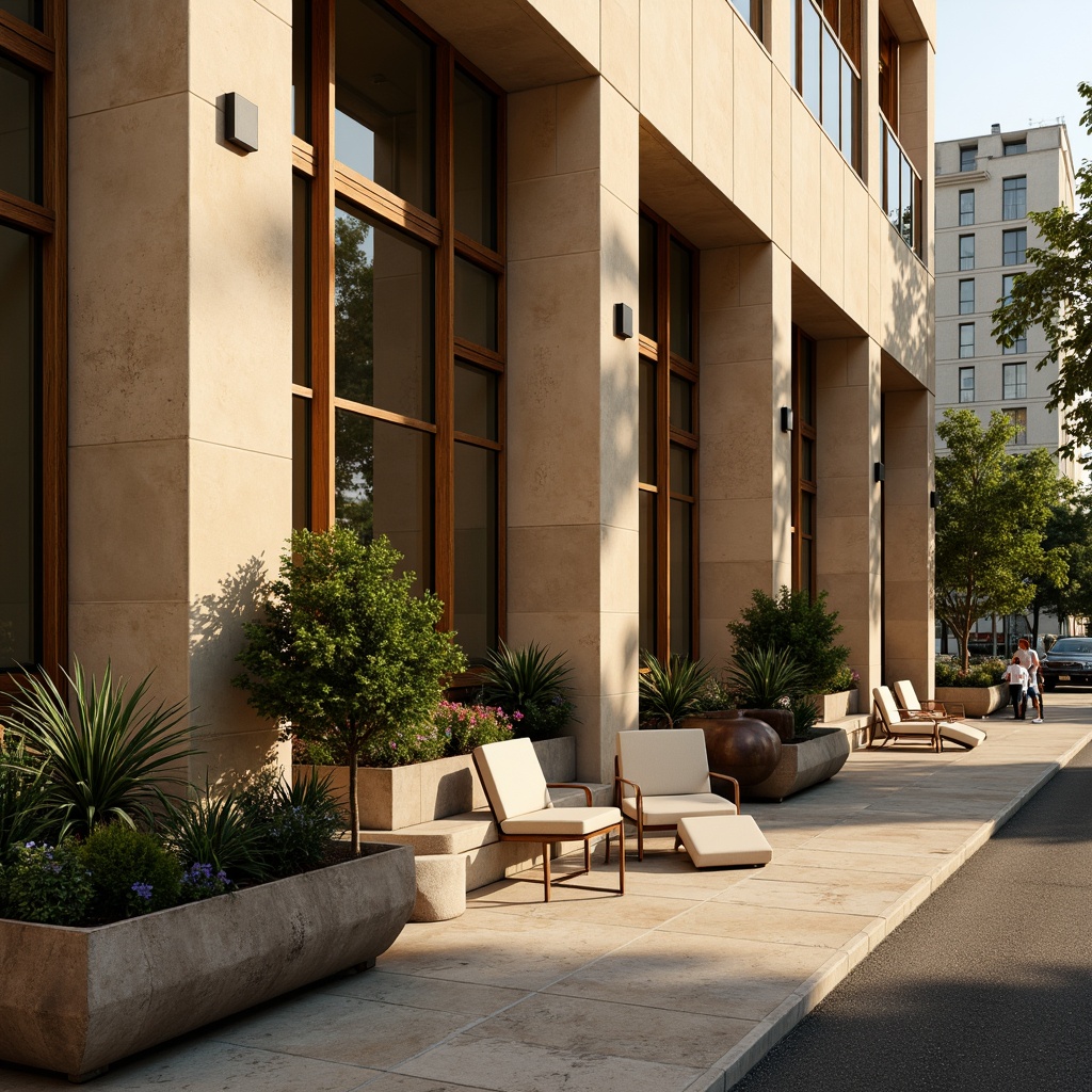 Prompt: Warm beige exterior walls, large glass windows, wooden accents, modern minimalist design, inviting entrance, outdoor seating area, lush greenery, potted plants, natural stone flooring, rustic metal decorations, soft warm lighting, shallow depth of field, 1/1 composition, realistic textures, ambient occlusion, urban cityscape, busy street scene, morning sunlight, gentle breeze.