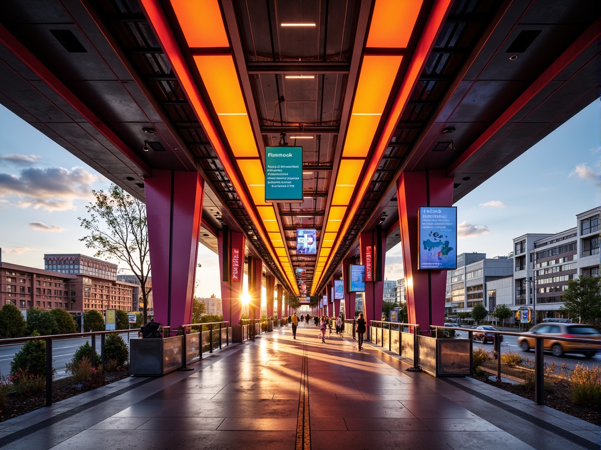 Prompt: Vibrant tram station, bold color schemes, contrasting hues, dynamic lighting effects, futuristic architecture, sleek metal beams, polished concrete floors, modern signage systems, electronic displays, urban cityscape views, rush hour atmosphere, warm golden lighting, shallow depth of field, 1/2 composition, realistic textures, ambient occlusion.