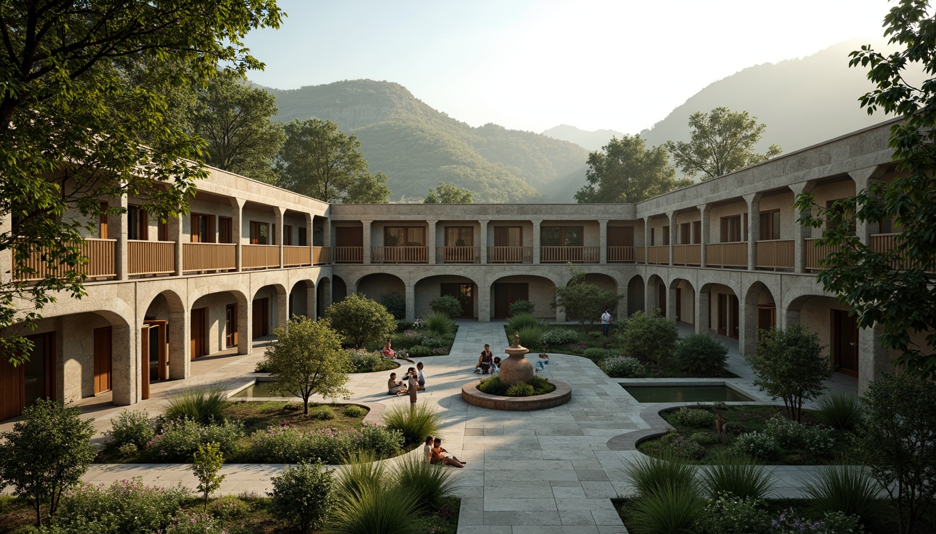 Prompt: Serene monastery courtyard, lush greenery, natural stone walls, wooden accents, rustic doors, tranquil water features, peaceful statues, organic architecture, curved lines, earthy tones, sustainable materials, living roofs, green spaces, misty morning, soft warm lighting, shallow depth of field, 3/4 composition, panoramic view, realistic textures, ambient occlusion, surrounding mountains, rolling hills, meandering paths, scenic overlooks, natural ventilation systems, passive solar design.