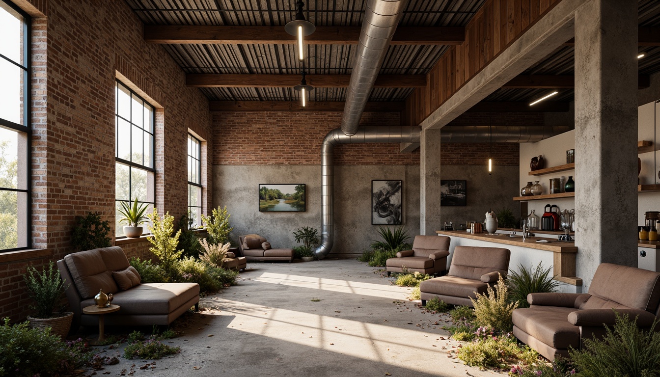 Prompt: Rustic industrial landscape, abandoned factories, worn brick walls, distressed metal roofs, reclaimed wood accents, earthy tones, natural textures, regional materials, local craftsmanship, exposed ductwork, concrete floors, steel beams, functional minimalism, industrial chic aesthetic, warm soft lighting, shallow depth of field, 1/1 composition, realistic renderings, ambient occlusion.