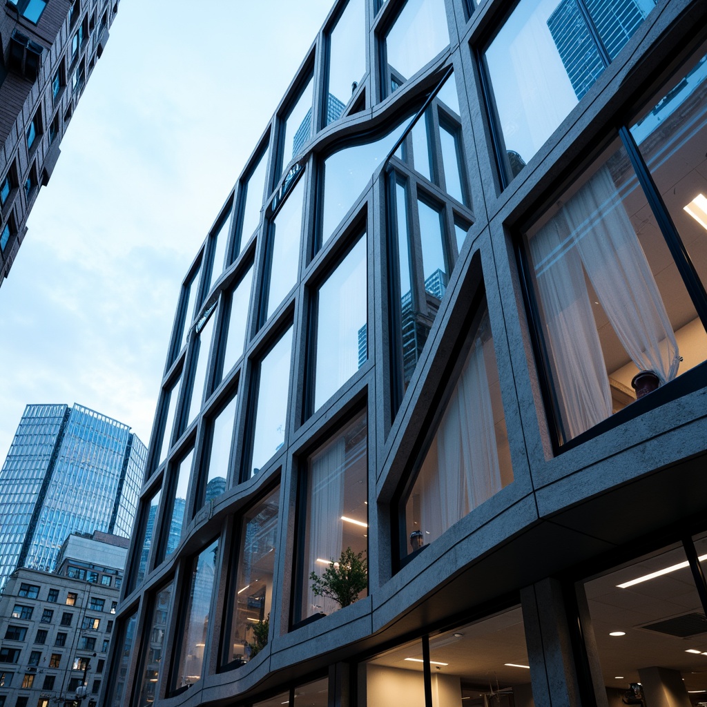 Prompt: Curved building facade, sleek metal frames, minimalist window patterns, reflective glass surfaces, angular lines, modern streamline moderne style, futuristic aesthetic, urban cityscape, cloudy blue sky, soft warm lighting, shallow depth of field, 3/4 composition, panoramic view, realistic textures, ambient occlusion, silver aluminum accents, hidden window hinges, automated window systems, energy-efficient glazing, soundproofing technology, minimalist interior design, monochromatic color scheme.