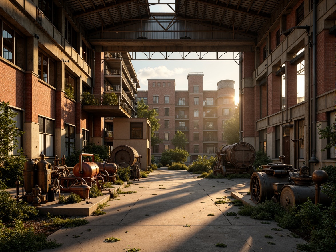 Prompt: Rustic industrial landscape, abandoned factories, distressed brick walls, corrugated metal roofs, worn wooden beams, vintage machinery, urban decay, overgrown vegetation, gritty urban atmosphere, warm golden lighting, shallow depth of field, 1/2 composition, cinematic view, realistic textures, ambient occlusion, nostalgic mood, retro-futuristic elements, exposed ductwork, concrete floors, steel columns, reclaimed wood accents, industrial chic aesthetic.