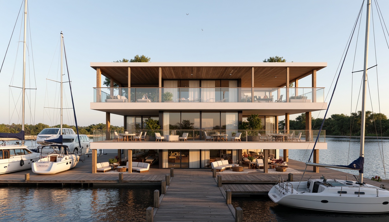 Prompt: Waterfront location, wooden dock, sailboats, modern boathouse, international style facade, large windows, sliding glass doors, minimalist design, neutral color palette, natural wood accents, corrugated metal roofing, cantilevered upper floor, outdoor seating area, nautical-themed decor, warm soft lighting, shallow depth of field, 1/1 composition, realistic textures, ambient occlusion.