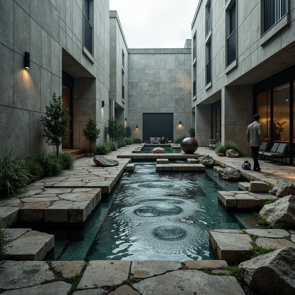 Prompt: Rugged concrete walls, fragmented stone tiles, distressed metal accents, irregularly shaped pools, turbulent water effects, abstract sculptures, industrial-style lighting fixtures, exposed pipes and ducts, brutalist architecture, weathered wood decking, rough-hewn boulders, overgrown vegetation, misty atmosphere, dramatic shadows, high-contrast lighting, cinematic composition, bold color palette, textured renderings.