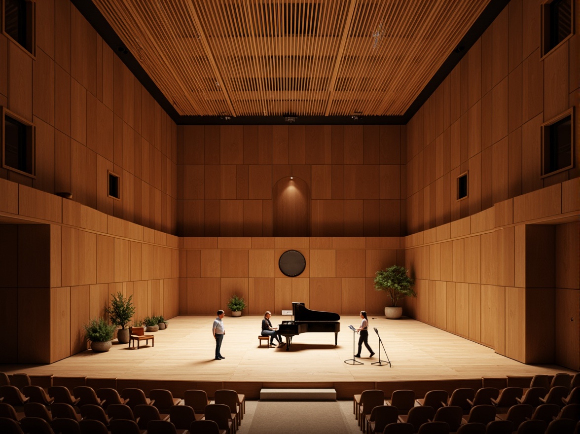 Prompt: Intimate concert hall, wooden acoustic panels, sound-absorbing materials, curved lines, minimalist decor, warm ambient lighting, shallow stage, grand piano, professional audio equipment, microphone stands, speaker systems, soundproofing, reverberation control, optimal seating arrangement, 3/4 composition, soft focus, warm color palette, realistic textures.