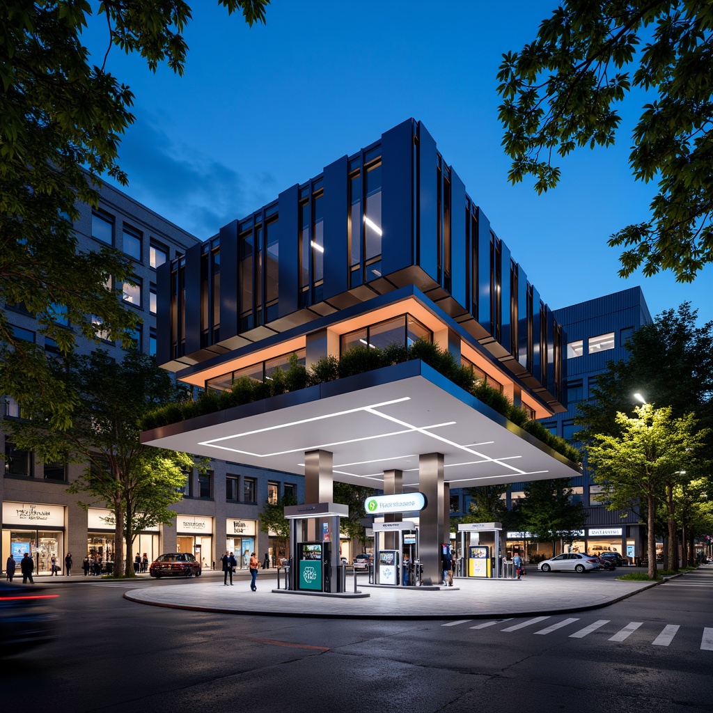 Prompt: Futuristic gas station, sleek metal facade, neon LED lights, angular lines, minimalist design, high-tech equipment, digital displays, touchless payment systems, modern fuel pumps, stainless steel canopies, cantilevered roofs, green walls, living trees, urban landscape, busy streets, vibrant city lights, shallow depth of field, 1/1 composition, realistic textures, ambient occlusion.