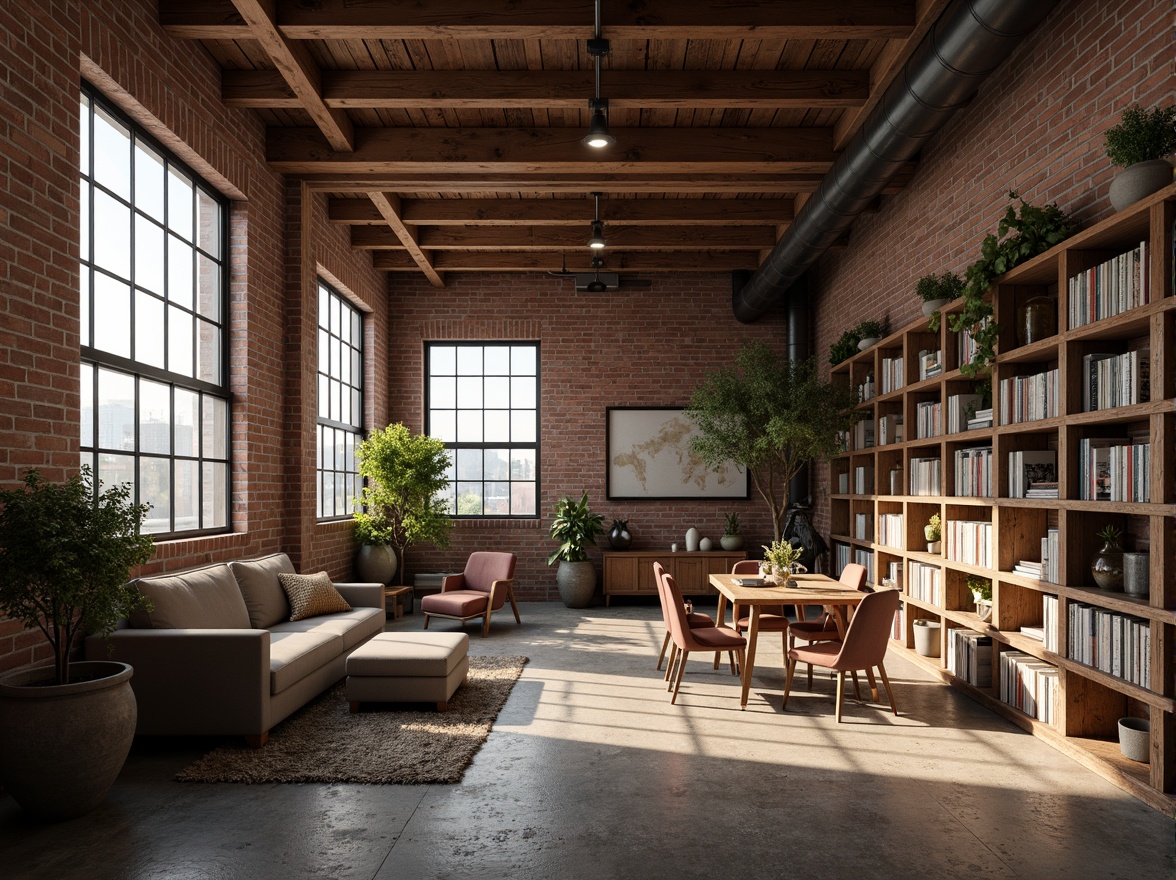 Prompt: Rustic urban loft, exposed brick walls, distressed wooden beams, industrial chic decor, vintage furniture, earthy color palette, natural textures, rough-hewn stone floors, metal accents, reclaimed wood shelves, cozy reading nooks, warm ambient lighting, shallow depth of field, 1/1 composition, realistic renderings, atmospheric perspective.