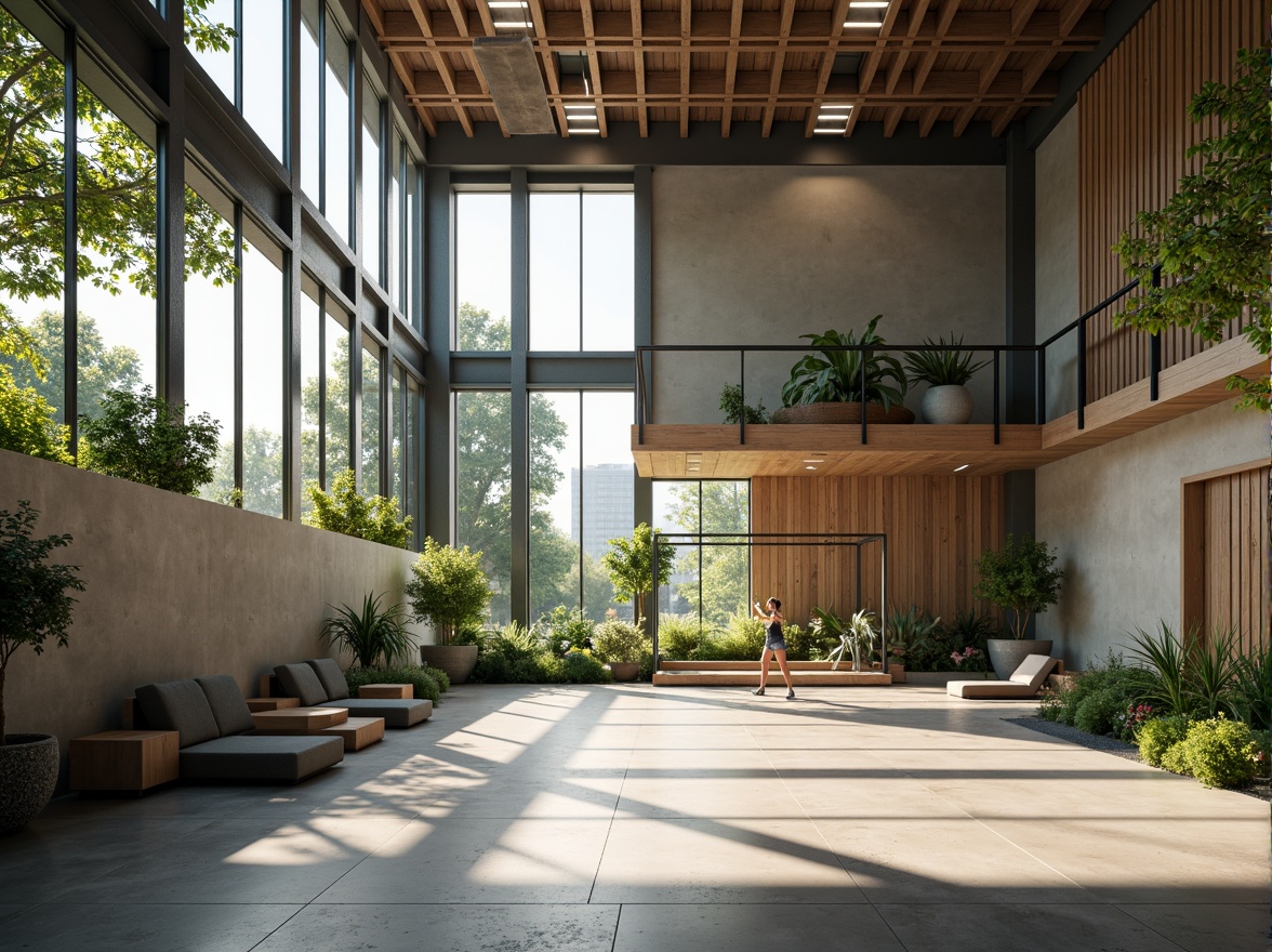 Prompt: Minimalist gymnasium interior, natural light pouring in, polished concrete floors, reclaimed wood accents, industrial metal beams, eco-friendly rubber flooring, energy-efficient LED lighting, green walls with living plants, modern minimalist equipment, sleek steel frames, recycled plastic furniture, calm color palette, abundant natural ventilation, shallow depth of field, 1/1 composition, soft warm lighting, realistic textures, ambient occlusion.