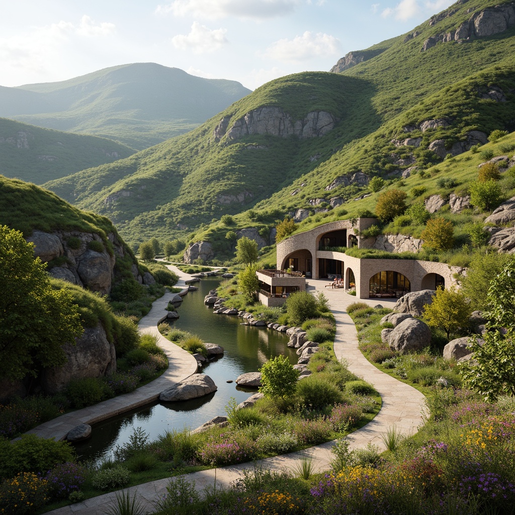 Prompt: Undulating hills, serpentine roads, winding water features, organic curvilinear buildings, fluid architecture, harmonious landscape integration, lush greenery, vibrant wildflowers, meandering pathways, natural stone walls, rustic wooden bridges, soft warm lighting, shallow depth of field, 3/4 composition, panoramic view, realistic textures, ambient occlusion.