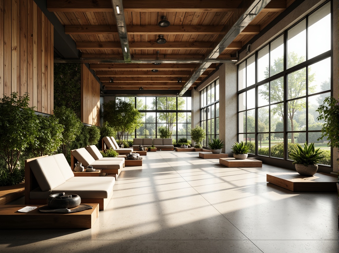 Prompt: Minimalist gymnasium interior, natural light pouring in, polished concrete floors, reclaimed wood accents, industrial metal beams, eco-friendly rubber flooring, energy-efficient LED lighting, green walls with living plants, modern minimalist equipment, sleek steel frames, recycled plastic furniture, calm color palette, abundant natural ventilation, shallow depth of field, 1/1 composition, soft warm lighting, realistic textures, ambient occlusion.