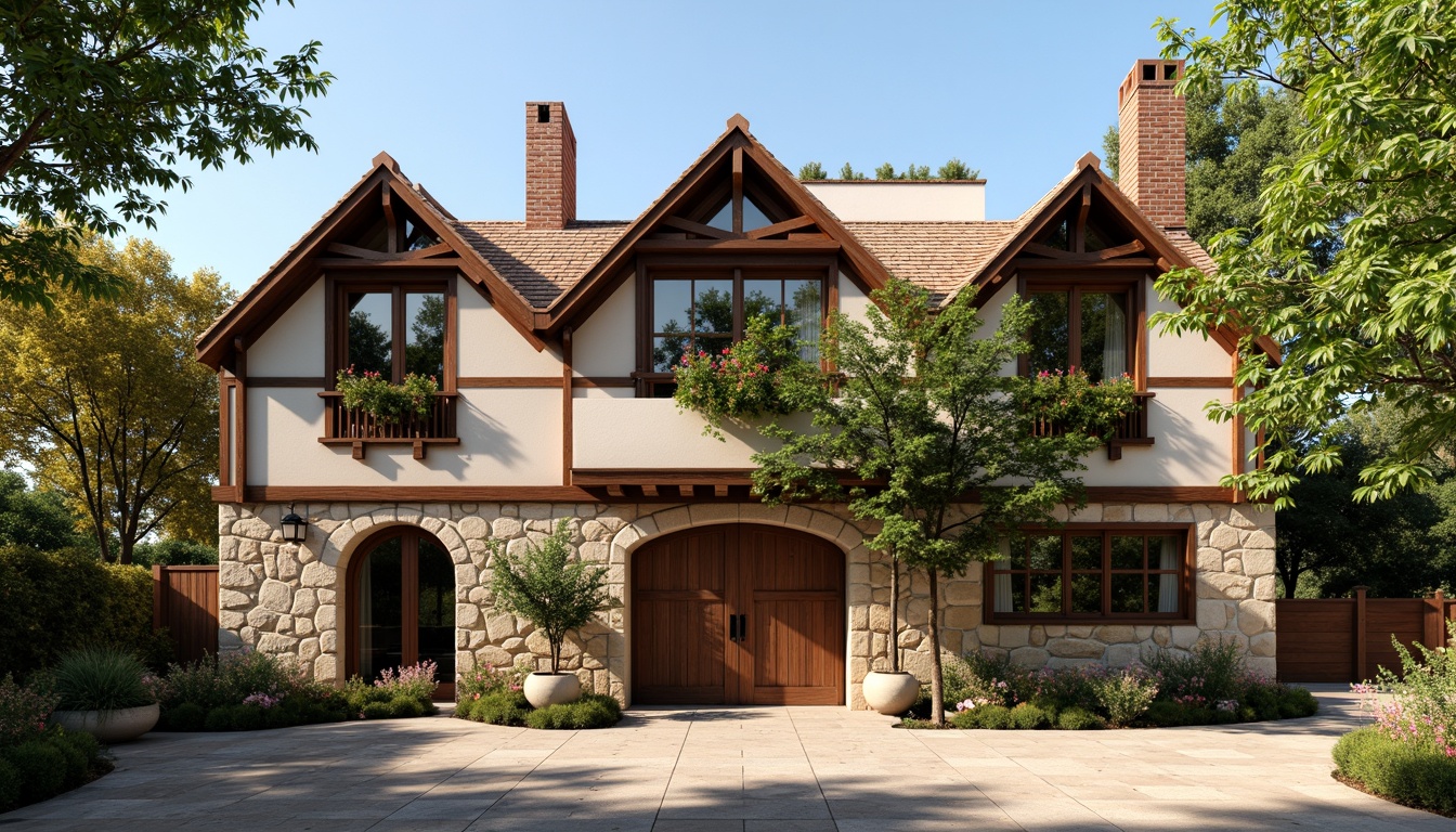 Prompt: Rustic regionalist facade, earthy tones, natural stone walls, wooden accents, steeply pitched roofs, ornate chimneys, decorative trusses, vibrant floral patterns, colorful ceramic tiles, intricate stonework, arched windows, heavy wooden doors, lush greenery, blooming vines, warm sunny day, soft diffused lighting, shallow depth of field, 1/1 composition, realistic textures, ambient occlusion.