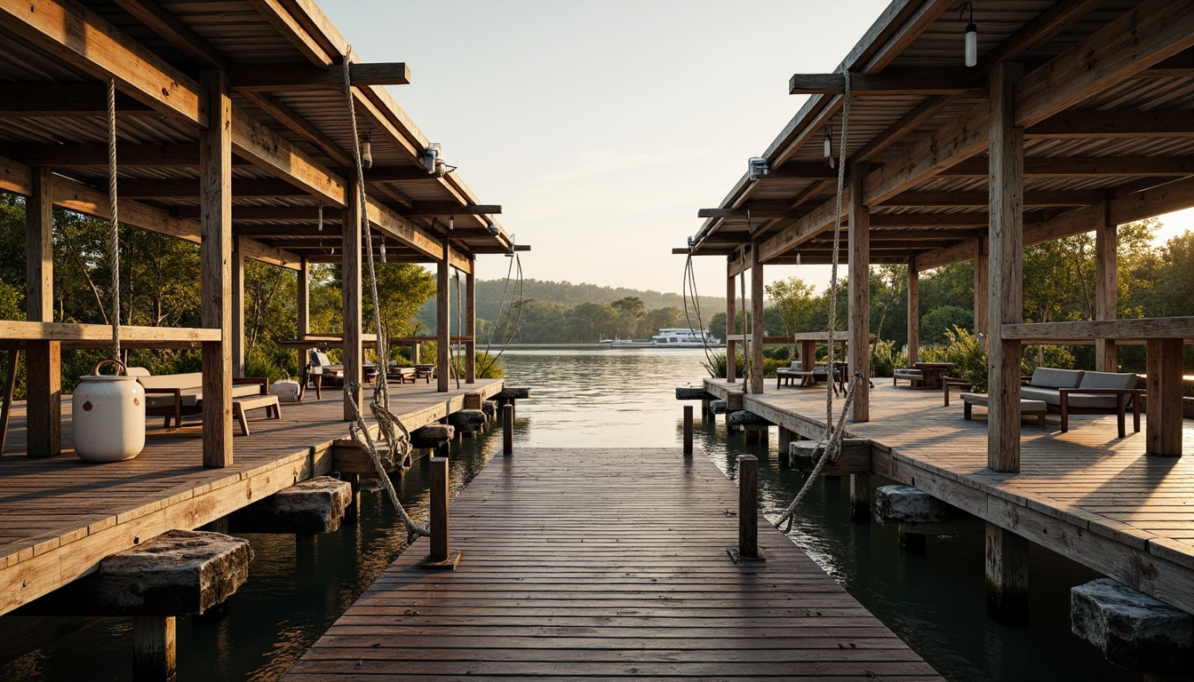 Prompt: Rustic wooden dock, weathered boat lifts, nautical ropes, distressed wood accents, corrugated metal roofs, wooden pilings, aquatic plants, serene lake views, warm golden lighting, shallow depth of field, 1/2 composition, symmetrical framing, realistic water reflections, ambient occlusion.