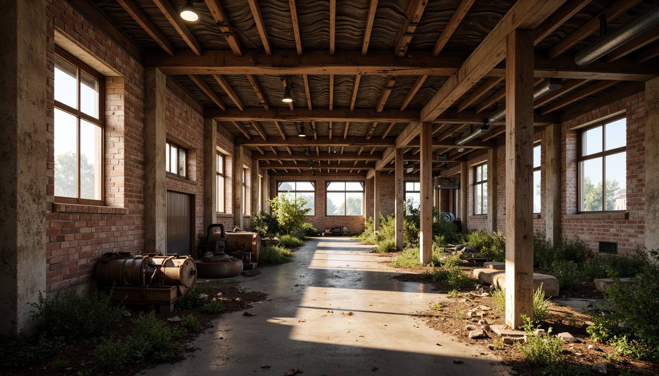 Prompt: Rustic industrial landscape, abandoned factories, distressed brick walls, corrugated metal roofs, worn wooden beams, vintage machinery, urban decay, overgrown vegetation, gritty urban atmosphere, warm golden lighting, shallow depth of field, 1/2 composition, cinematic view, realistic textures, ambient occlusion, nostalgic mood, retro-futuristic elements, exposed ductwork, concrete floors, steel columns, reclaimed wood accents, industrial chic aesthetic.