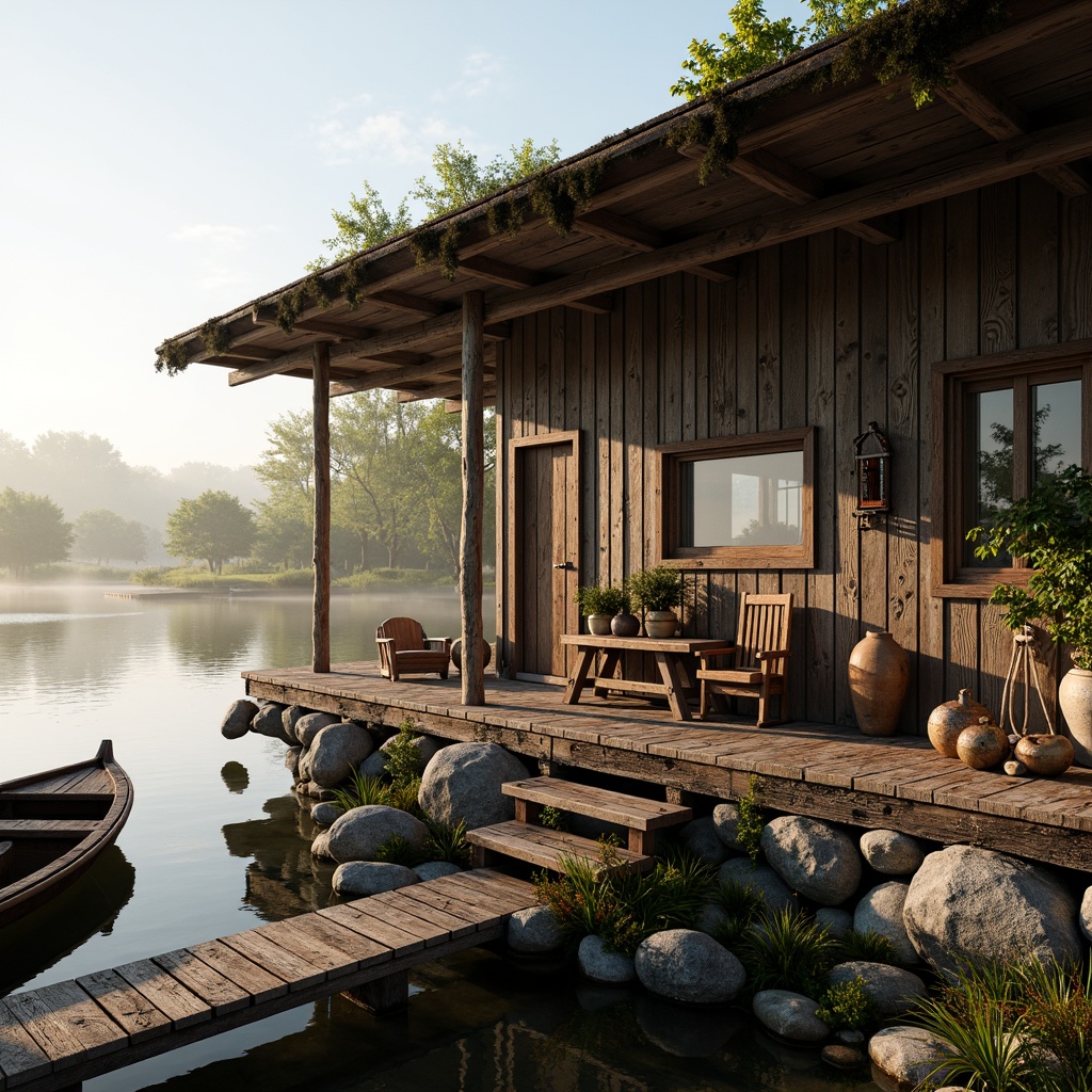 Prompt: Rustic wooden boathouse, weathered planks, distressed finishes, natural stone foundations, moss-covered roofs, overhanging eaves, wooden docks, nautical ropes, vintage anchors, aquatic plants, serene lake views, misty morning atmosphere, warm golden lighting, shallow depth of field, 1/2 composition, realistic wood textures, ambient occlusion.