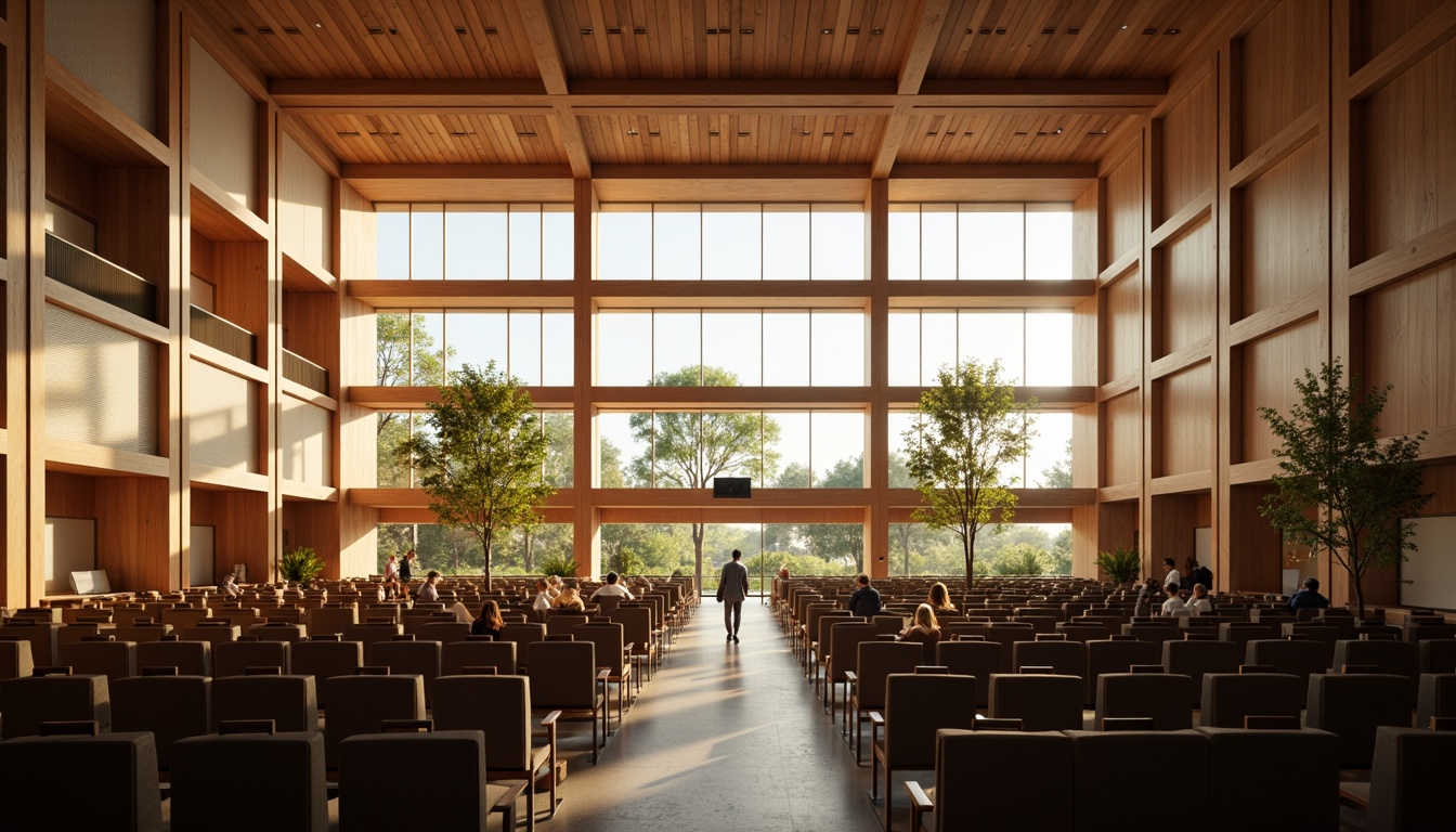 Prompt: Grand auditorium, high ceilings, expansive windows, natural light pouring in, warm wooden tones, comfortable seating, state-of-the-art sound systems, minimal ornamentation, sleek modern architecture, subtle color palette, soft diffused lighting, 1/1 composition, realistic textures, ambient occlusion.