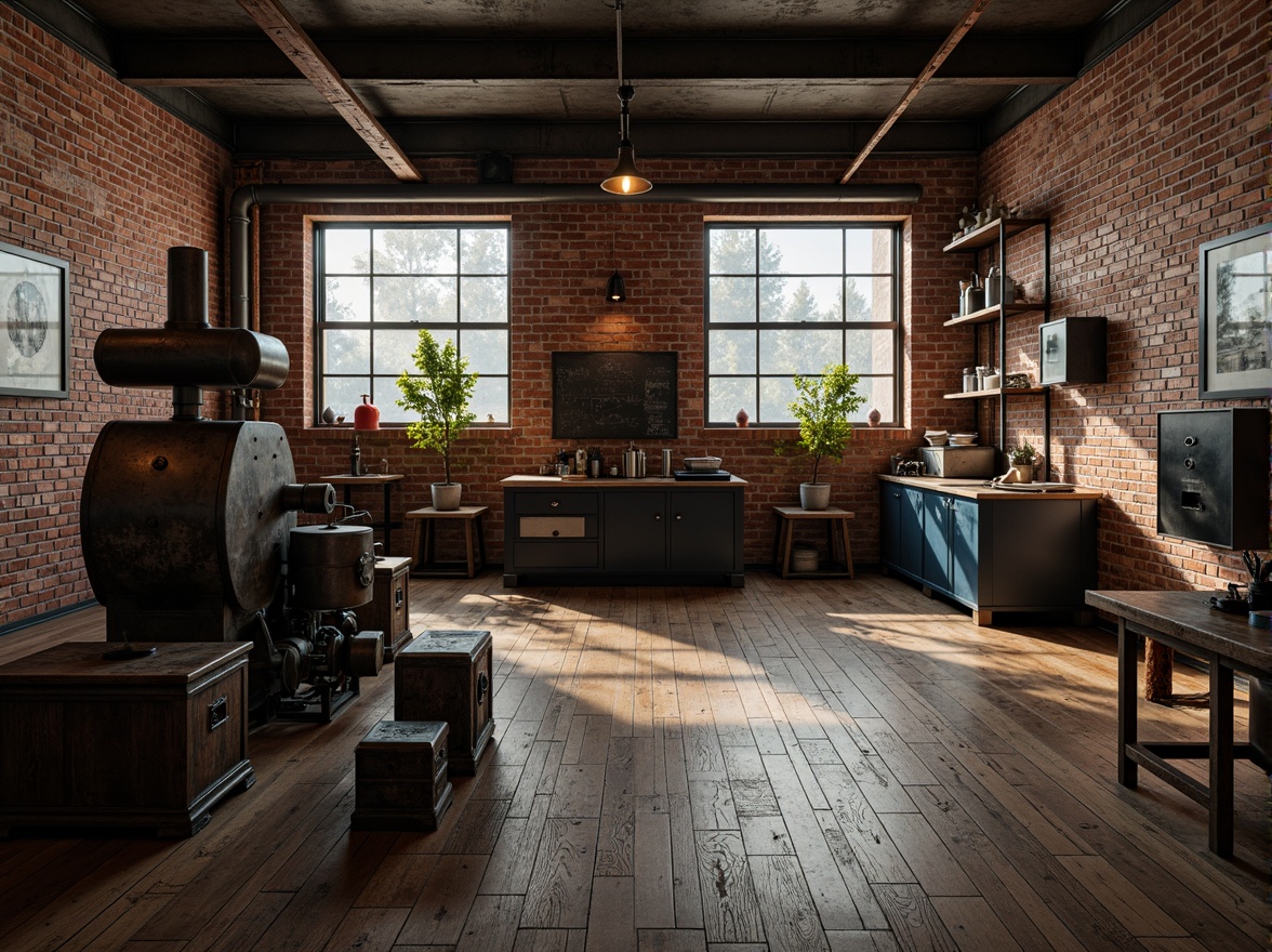 Prompt: Industrial factory setting, exposed brick walls, metal beams, worn wooden floors, vintage machinery, distressed textures, earthy tones, muted colors, rusty reds, weathered blues, faded yellows, industrial greys, urban atmosphere, gritty realism, high contrast lighting, dramatic shadows, cinematic composition, 1/2 camera angle, realistic renderings, ambient occlusion.