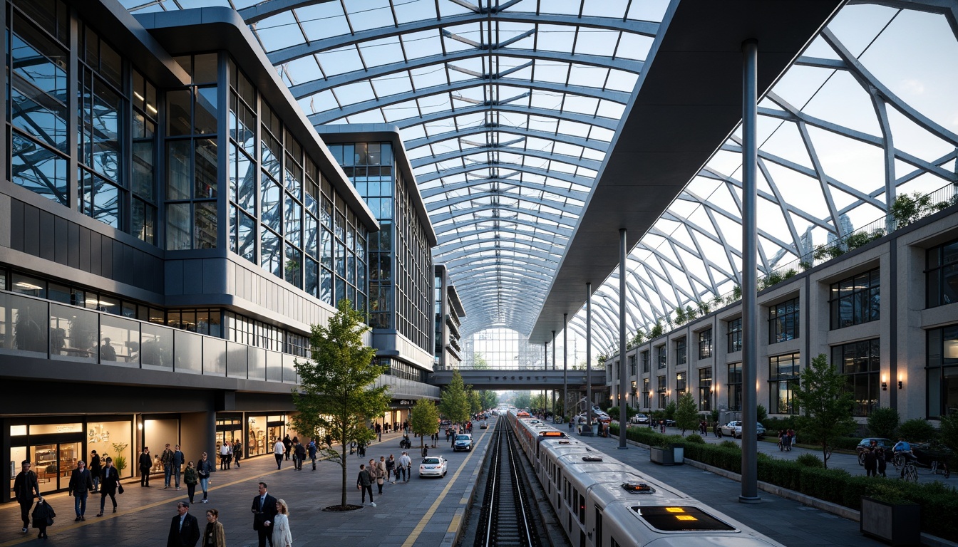 Prompt: Futuristic transportation hub, curved metallic structures, dynamic LED lighting, sleek glass fa\u00e7ades, angular steel beams, cantilevered roofs, elevated walkways, bustling pedestrian zones, vibrant urban landscapes, morning rush hour atmosphere, soft natural light, shallow depth of field, 1/2 composition, panoramic view, realistic reflections, ambient occlusion, intricate network patterns, high-tech materials, sustainable energy systems, green roofs, innovative ventilation technologies.