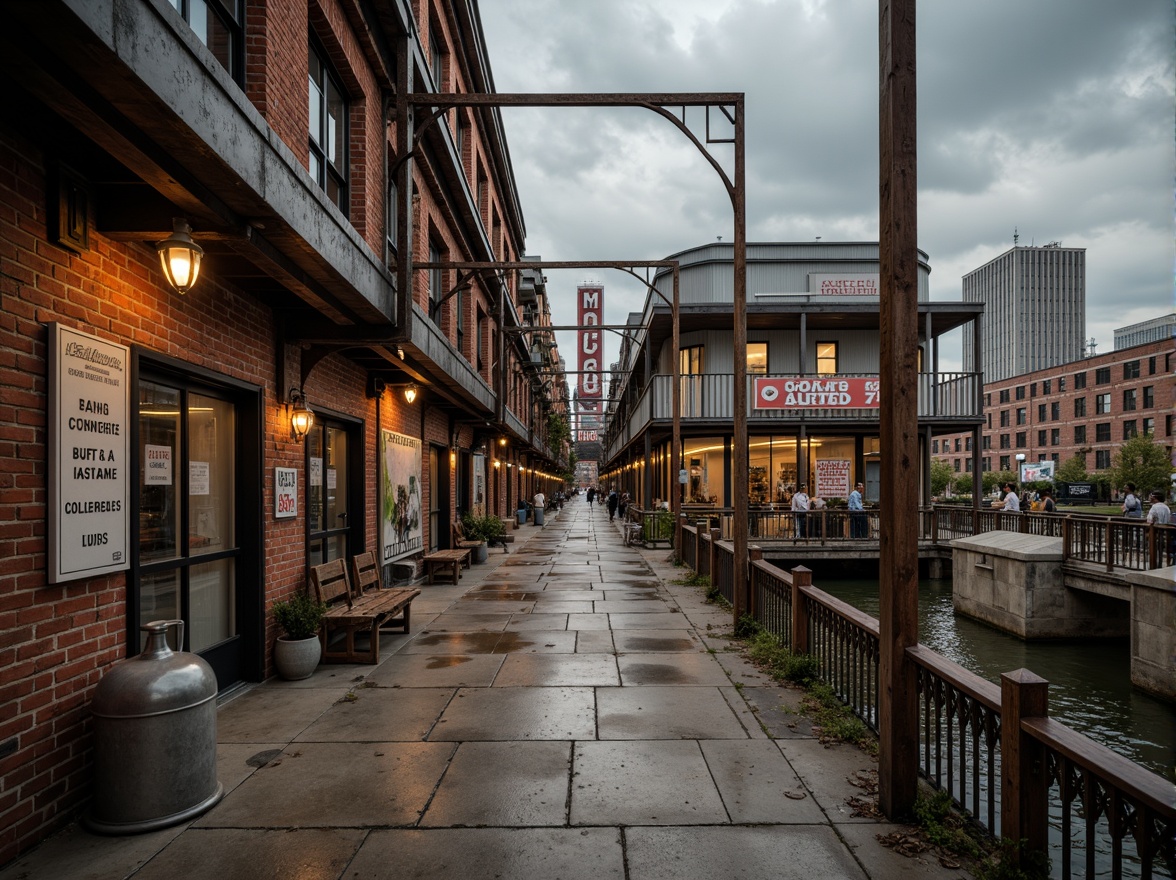 Prompt: Rustic industrial factory, exposed brick walls, metallic beams, reclaimed wood accents, distressed concrete floors, vintage machinery, urban landscape, cloudy grey sky, warm soft lighting, shallow depth of field, 1/1 composition, realistic textures, ambient occlusion, worn-out signage, faded advertisements, old-fashioned lamp posts, nostalgic atmosphere, retro-style industrial equipment, functional pipes, modernized heritage architecture, revitalized waterfront area.