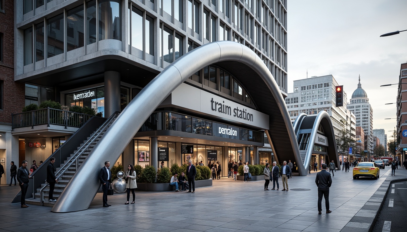 Prompt: Streamlined train station fa\u00e7ade, curved lines, metallic materials, silver accents, large glass windows, minimalist design, modernist architecture, urban cityscape, busy streets, morning commute, soft natural light, shallow depth of field, 1/1 composition, symmetrical view, realistic reflections, ambient occlusion, sleek signage, futuristic fonts, dynamic LED displays, industrial textures, concrete floors, stainless steel handrails.