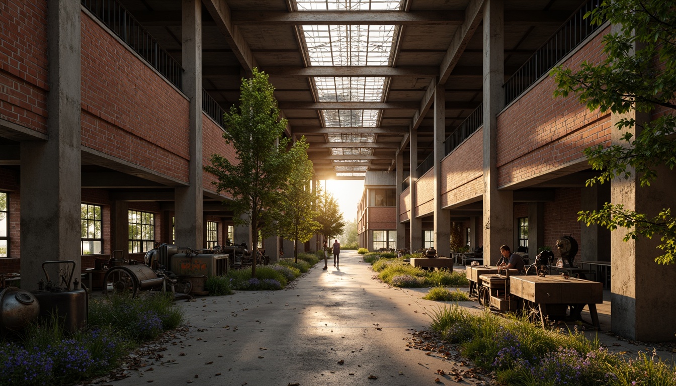 Prompt: Rustic industrial landscape, abandoned factories, distressed brick walls, corrugated metal roofs, worn wooden beams, vintage machinery, urban decay, overgrown vegetation, gritty urban atmosphere, warm golden lighting, shallow depth of field, 1/2 composition, cinematic view, realistic textures, ambient occlusion, nostalgic mood, retro-futuristic elements, exposed ductwork, concrete floors, steel columns, reclaimed wood accents, industrial chic aesthetic.