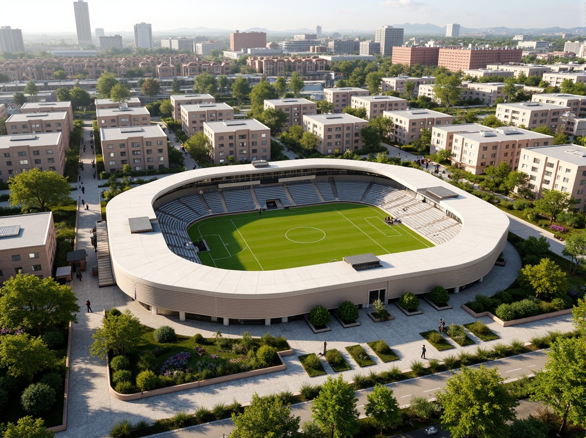 Prompt: Eco-friendly soccer stadium, social housing complex, green roofs, solar panels, wind turbines, rainwater harvesting systems, recycled building materials, natural ventilation systems, energy-efficient lighting, community gardens, public art installations, vibrant street art, urban agriculture, mixed-income residential units, accessible pedestrian paths, bike lanes, electric vehicle charging stations, modern minimalist architecture, cantilevered structures, angular lines, open-air corridors, communal outdoor spaces, shaded seating areas, warm color schemes, soft natural lighting, 1/1 composition, realistic textures, ambient occlusion.