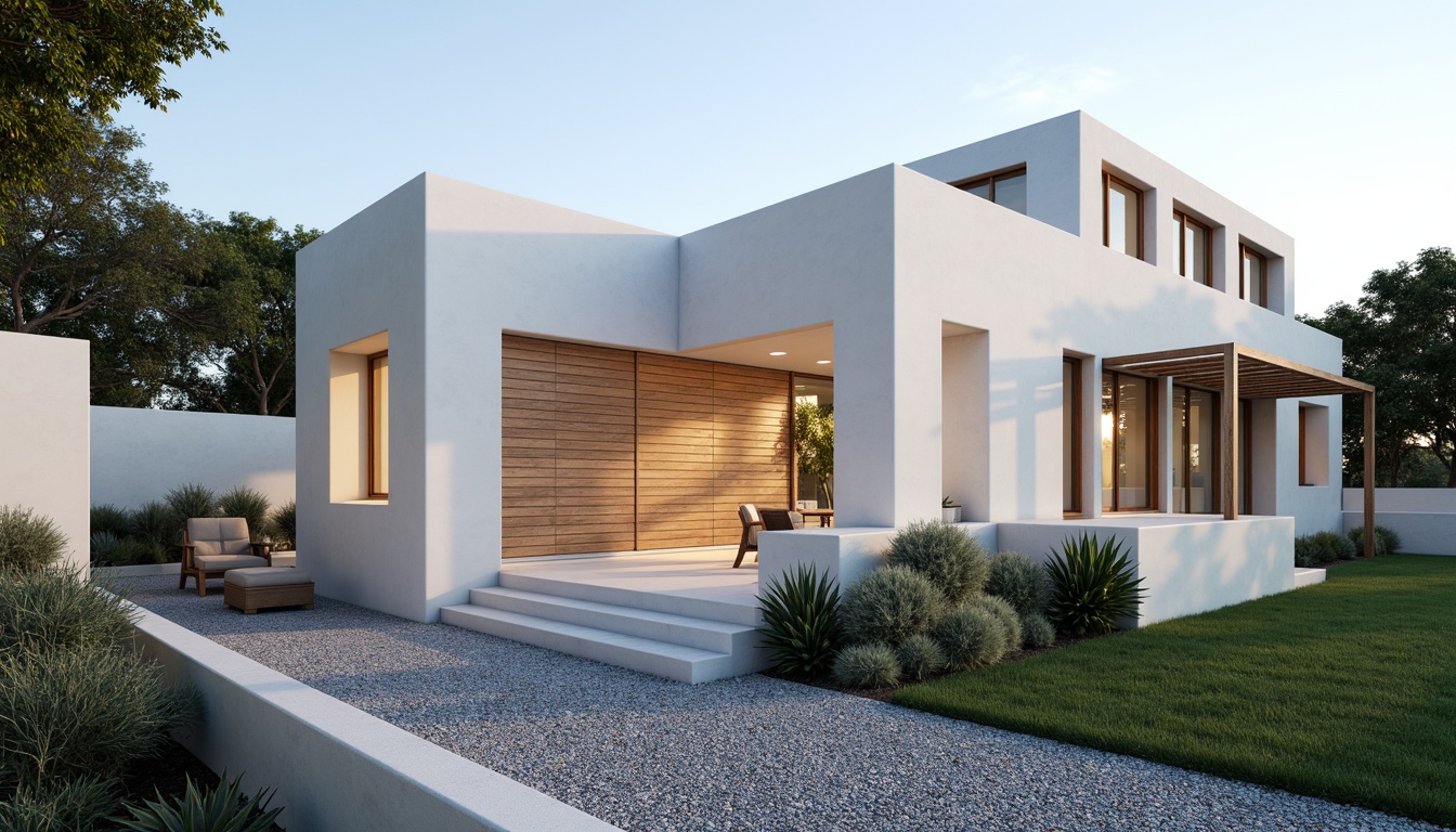 Prompt: Minimalist villa, clean lines, simple shapes, white stucco exterior, large windows, sliding glass doors, natural stone walls, wooden accents, horizontal wood slats, flat roofs, green roofs, succulent plants, gravel pathways, modern outdoor furniture, sleek metal railings, subtle lighting, warm ambient glow, soft shadows, 1/1 composition, realistic textures, ambient occlusion.