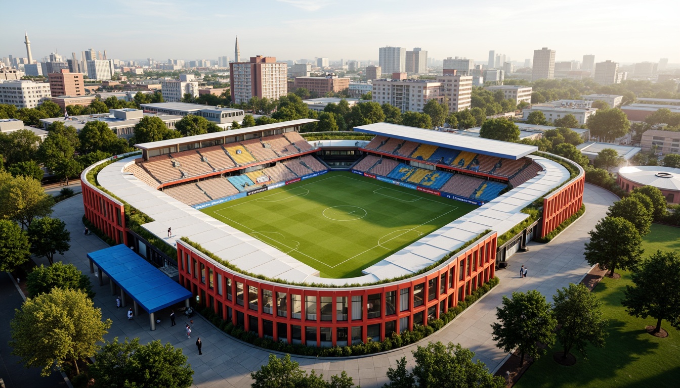 Prompt: Vibrant soccer stadium, social housing complex, bold team colors, dynamic architecture, angular lines, modern fa\u00e7ade, green roofs, eco-friendly materials, innovative ventilation systems, shaded outdoor spaces, misting systems, urban landscape, city skyline, sunny day, soft warm lighting, shallow depth of field, 3/4 composition, panoramic view, realistic textures, ambient occlusion.