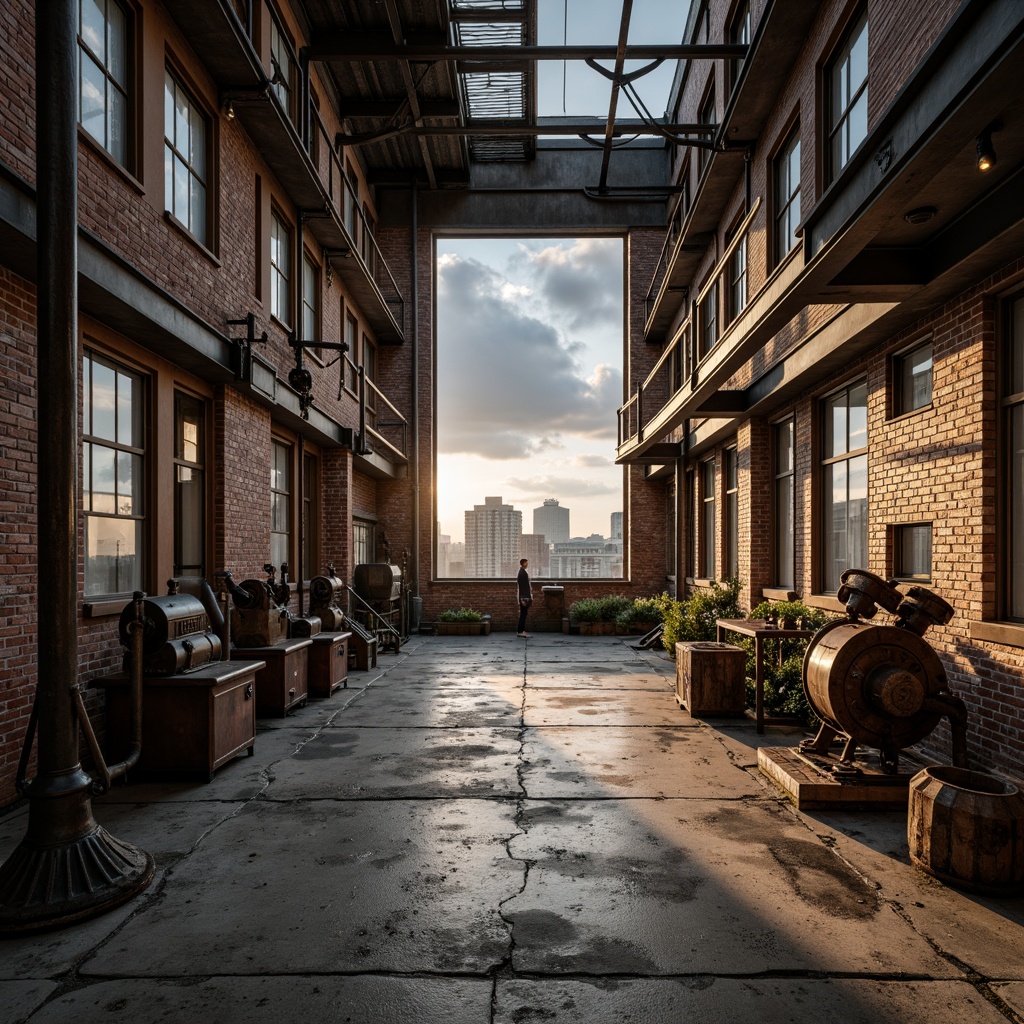 Prompt: Industrial factory setting, exposed brick walls, metal beams, worn wooden floors, distressed concrete textures, vintage machinery, rusty pipes, urban cityscape, cloudy grey skies, warm golden lighting, shallow depth of field, 1/2 composition, realistic materials, ambient occlusion, muted color palette, earthy tones, weathered steel blues, faded reds, industrial greens, creamy whites, rich browns.