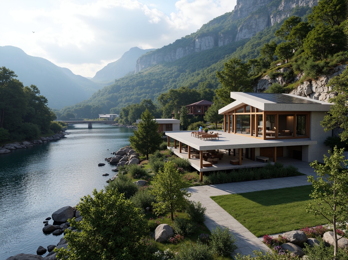 Prompt: Mountainous terrain, rugged cliffs, serene lakeside, lush green forests, meandering rivers, rustic wooden bridges, modern structuralist architecture, cantilevered roofs, angular lines, minimalist design, industrial materials, exposed concrete walls, steel beams, floor-to-ceiling windows, panoramic views, natural ventilation systems, solar panels, rainwater harvesting systems, green roofs, eco-friendly materials, innovative insulation technologies, shaded outdoor spaces, misting systems, abstract geometric patterns, vibrant colorful accents, intricate metalwork details.