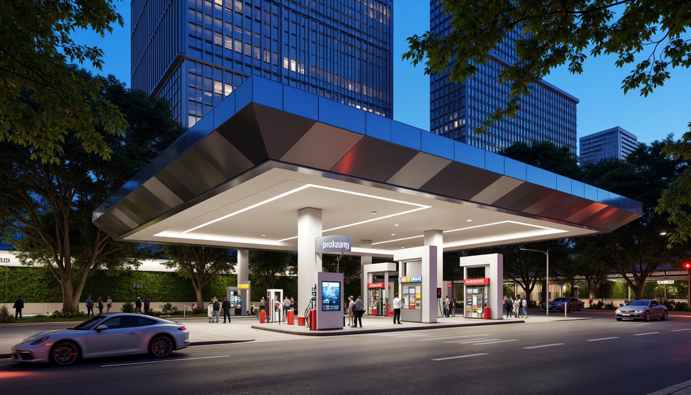 Prompt: Futuristic gas station, sleek metal facade, neon LED lights, angular lines, minimalist design, high-tech equipment, digital displays, touchless payment systems, modern fuel pumps, stainless steel canopies, cantilevered roofs, green walls, living trees, urban landscape, busy streets, vibrant city lights, shallow depth of field, 1/1 composition, realistic textures, ambient occlusion.