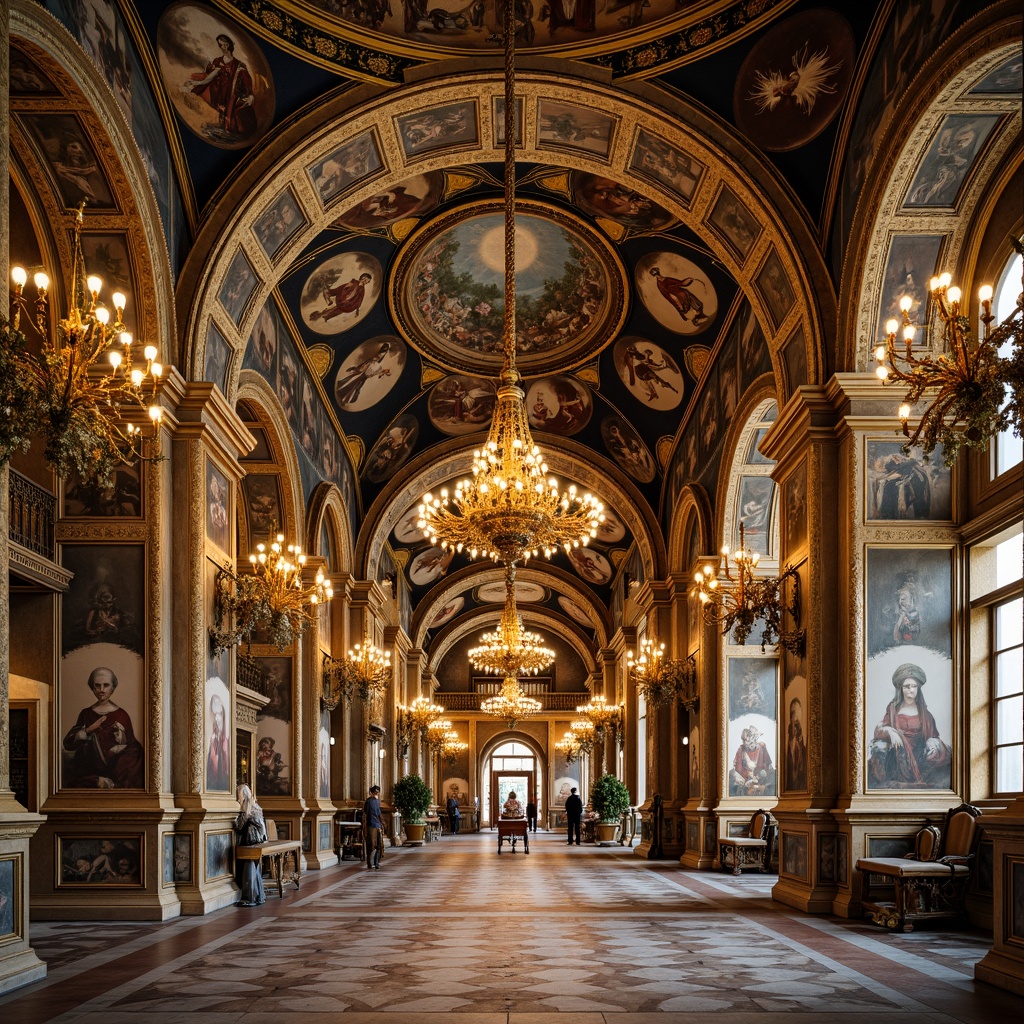 Prompt: Intricate mosaics, golden domes, ornate archways, lavish frescoes, richly patterned textiles, opulent marble floors, grandiose chandeliers, ornamental capitals, gilded accents, vibrant apse murals, majestic columns, elaborate iconography, mystical symbolism, warm candlelight, soft atmospheric lighting, shallow depth of field, 1/2 composition, realistic textures, ambient occlusion.