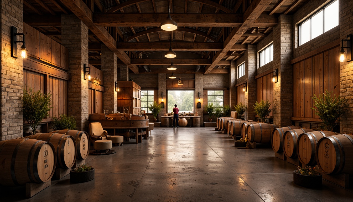 Prompt: Rustic winery, wooden barrels, stone walls, earthy tones, natural lighting, reclaimed wood accents, metal roofing, industrial chic decor, vintage wine-making equipment, exposed brick ceilings, wooden fermentation tanks, oak aging rooms, dim warm ambiance, soft golden lighting, shallow depth of field, 1/1 composition, realistic textures, ambient occlusion.