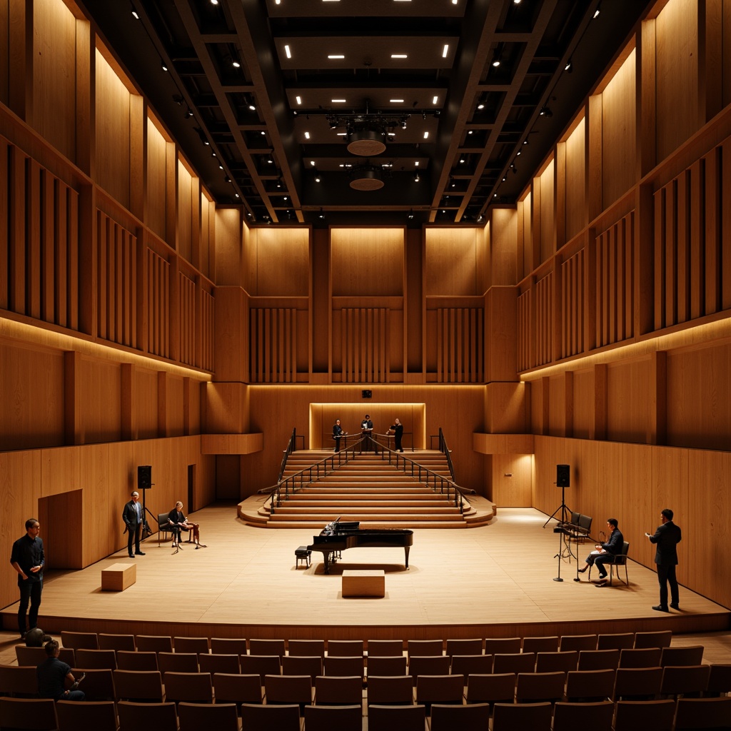 Prompt: Intimate concert hall, wooden acoustic panels, sound-absorbing materials, curved lines, minimalist decor, warm ambient lighting, shallow stage, grand piano, professional audio equipment, microphone stands, speaker systems, soundproofing, reverberation control, optimal seating arrangement, 3/4 composition, soft focus, warm color palette, realistic textures.