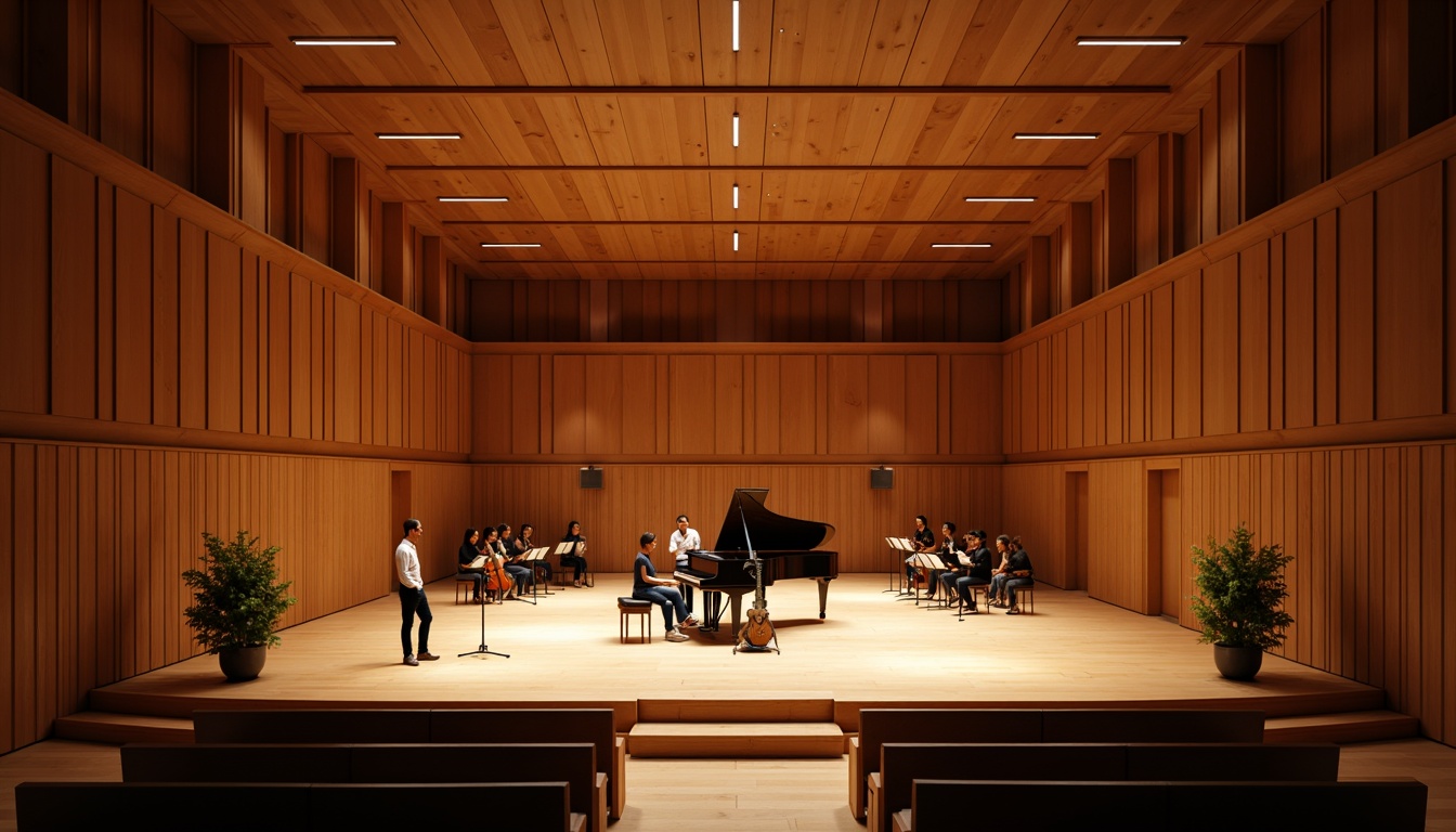 Prompt: Intimate concert hall, wooden acoustic panels, sound-absorbing materials, curved lines, minimalist decor, warm ambient lighting, shallow stage, grand piano, professional audio equipment, microphone stands, speaker systems, soundproofing, reverberation control, optimal seating arrangement, 3/4 composition, soft focus, warm color palette, realistic textures.