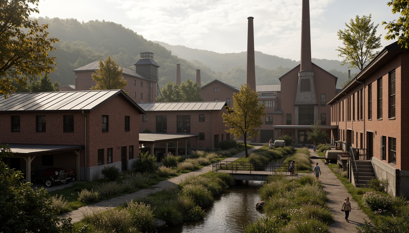 Prompt: Industrial factory complex, rustic brick buildings, corrugated metal roofs, worn concrete walls, vintage machinery, abandoned chimneys, overgrown vegetation, wildflowers, meandering streams, misty atmosphere, soft warm lighting, shallow depth of field, 3/4 composition, panoramic view, realistic textures, ambient occlusion, regionalism-inspired architecture, modern industrial design, functional spaces, exposed ductwork, metal catwalks, reclaimed wood accents, earthy color palette, natural stone pathways, weathered steel bridges.