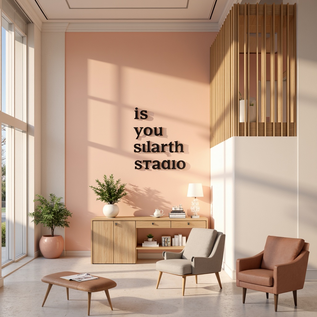 Prompt: Vibrant design studio, modern minimalist aesthetic, bold typography, pastel color scheme, soft peach tones, creamy whites, rich charcoal grays, natural wood textures, sleek metal accents, geometric patterns, abstract shapes, warm ambient lighting, shallow depth of field, 1/1 composition, realistic renderings, subtle gradient effects.