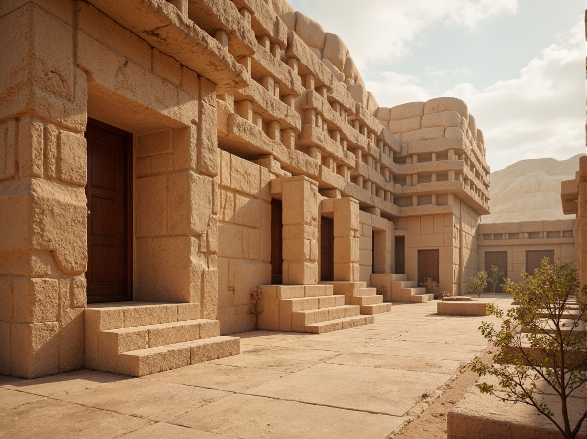 Prompt: Weathered sand-casted walls, rough stone textures, earthy tones, organic forms, natural erosion patterns, intricate rock formations, desert landscape, warm sunny day, soft diffused lighting, shallow depth of field, 3/4 composition, panoramic view, realistic textures, ambient occlusion.