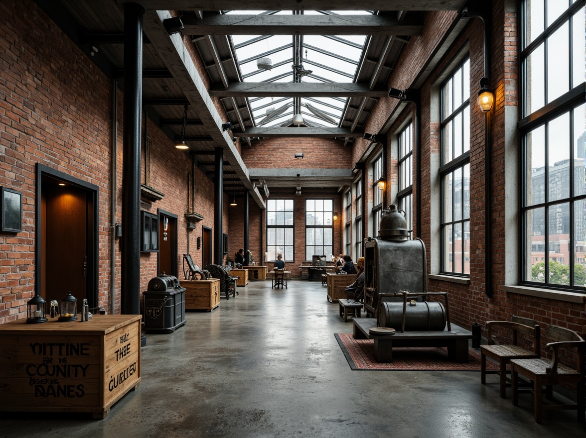 Prompt: Rustic industrial factory, exposed brick walls, metallic beams, reclaimed wood accents, distressed concrete floors, vintage machinery, urban cityscape, cloudy grey sky, warm soft lighting, shallow depth of field, 1/1 composition, realistic textures, ambient occlusion, worn wooden crates, old-fashioned lanterns, faded signage, eclectic mix of materials, post-industrial aesthetic, nostalgic atmosphere.