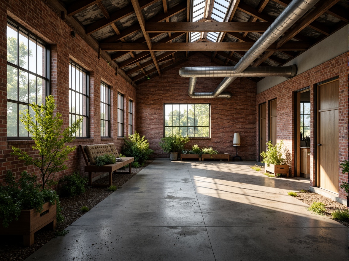 Prompt: Rustic industrial landscape, abandoned factories, worn brick walls, distressed metal roofs, reclaimed wood accents, earthy tones, natural textures, regional materials, local craftsmanship, exposed ductwork, concrete floors, steel beams, functional minimalism, industrial chic aesthetic, warm soft lighting, shallow depth of field, 1/1 composition, realistic renderings, ambient occlusion.