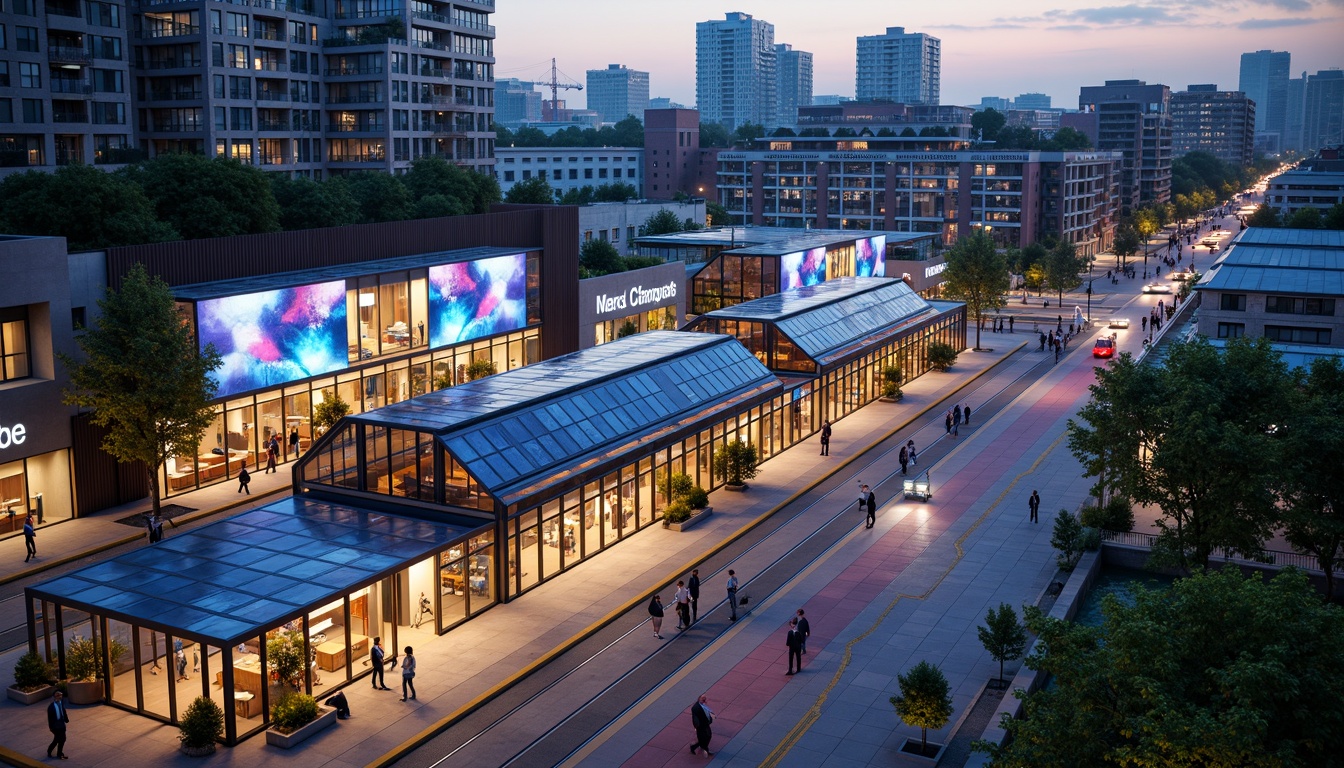 Prompt: Futuristic tram station, curved glass facade, dynamic LED lighting, sleek metal frames, cantilevered roofs, modern urban landscape, bustling city streets, vibrant neon signs, abstract geometric patterns, reflective surfaces, angular lines, minimalist design, sustainable energy solutions, solar panels, green roofs, eco-friendly materials, innovative cooling technologies, shaded outdoor spaces, misting systems, urban furniture, pedestrian walkways, busy commuters, rush hour atmosphere, soft warm lighting, shallow depth of field, 3/4 composition, panoramic view, realistic textures, ambient occlusion.