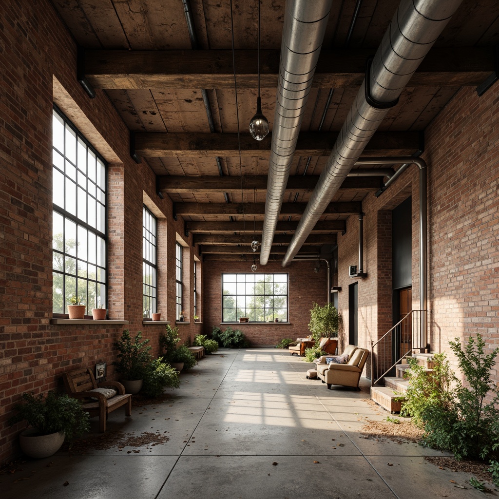 Prompt: Rustic industrial landscape, abandoned factories, worn brick walls, distressed metal roofs, reclaimed wood accents, earthy tones, natural textures, regional materials, local craftsmanship, exposed ductwork, concrete floors, steel beams, functional minimalism, industrial chic aesthetic, warm soft lighting, shallow depth of field, 1/1 composition, realistic renderings, ambient occlusion.