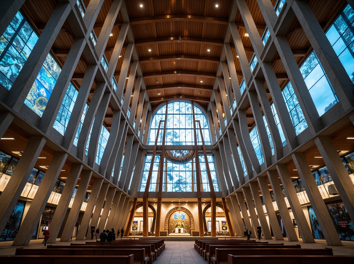 Prompt: Geometric church, abstract stained glass windows, bold concrete columns, cantilevered roofs, asymmetrical facades, dynamic steel beams, minimalist ornamentation, sacred symbols, vibrant murals, intricate mosaics, grandiose arches, dramatic lighting effects, high-contrast shadows, 1/2 composition, low-angle shot, cinematic atmosphere, realistic textures, ambient occlusion.