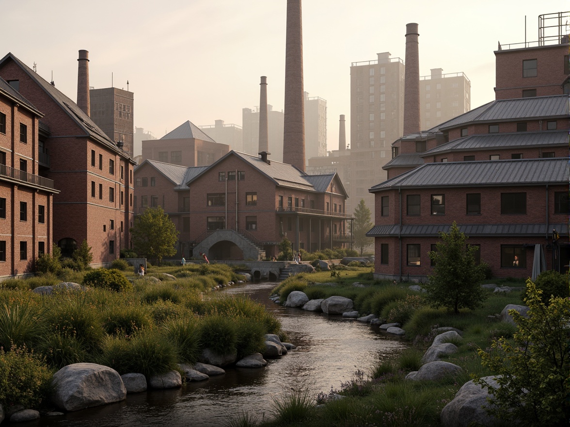 Prompt: Industrial factory complex, rustic brick buildings, corrugated metal roofs, worn concrete walls, vintage machinery, abandoned chimneys, overgrown vegetation, wildflowers, meandering streams, misty atmosphere, soft warm lighting, shallow depth of field, 3/4 composition, panoramic view, realistic textures, ambient occlusion, regionalism-inspired architecture, modern industrial design, functional spaces, exposed ductwork, metal catwalks, reclaimed wood accents, earthy color palette, natural stone pathways, weathered steel bridges.