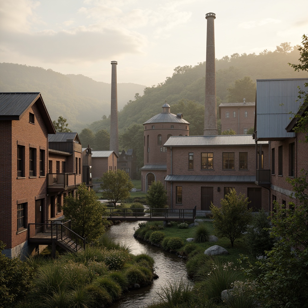 Prompt: Industrial factory complex, rustic brick buildings, corrugated metal roofs, worn concrete walls, vintage machinery, abandoned chimneys, overgrown vegetation, wildflowers, meandering streams, misty atmosphere, soft warm lighting, shallow depth of field, 3/4 composition, panoramic view, realistic textures, ambient occlusion, regionalism-inspired architecture, modern industrial design, functional spaces, exposed ductwork, metal catwalks, reclaimed wood accents, earthy color palette, natural stone pathways, weathered steel bridges.