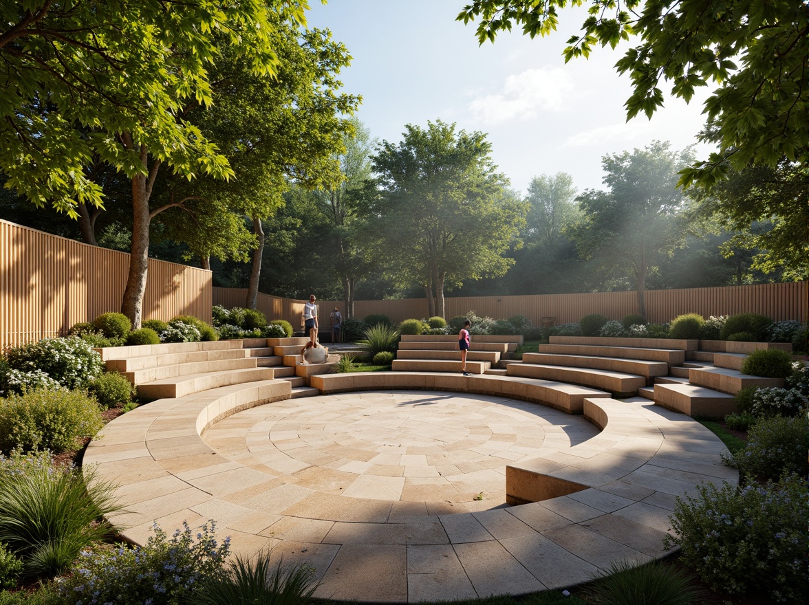 Prompt: Organic amphitheater, natural stone seating, lush greenery, curved lines, earthy tones, warm beige colors, rustic wooden accents, soft diffused lighting, dappled shade, afternoon sunbeams, gentle breeze, open-air atmosphere, panoramic views, 3/4 composition, shallow depth of field, realistic textures, ambient occlusion.