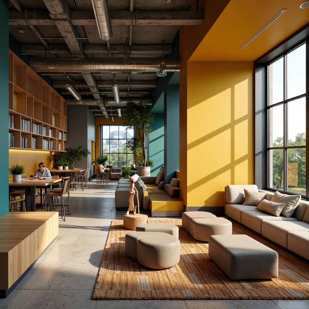 Prompt: Vibrant student lounge, bold accent walls, warm beige furniture, rich wood tones, calming blue-green hues, natural textiles, industrial metal accents, modern minimalist decor, cozy reading nooks, comfortable plush seating, abundant natural light, soft warm glow, 1/1 composition, intimate atmosphere, realistic textures, ambient occlusion.