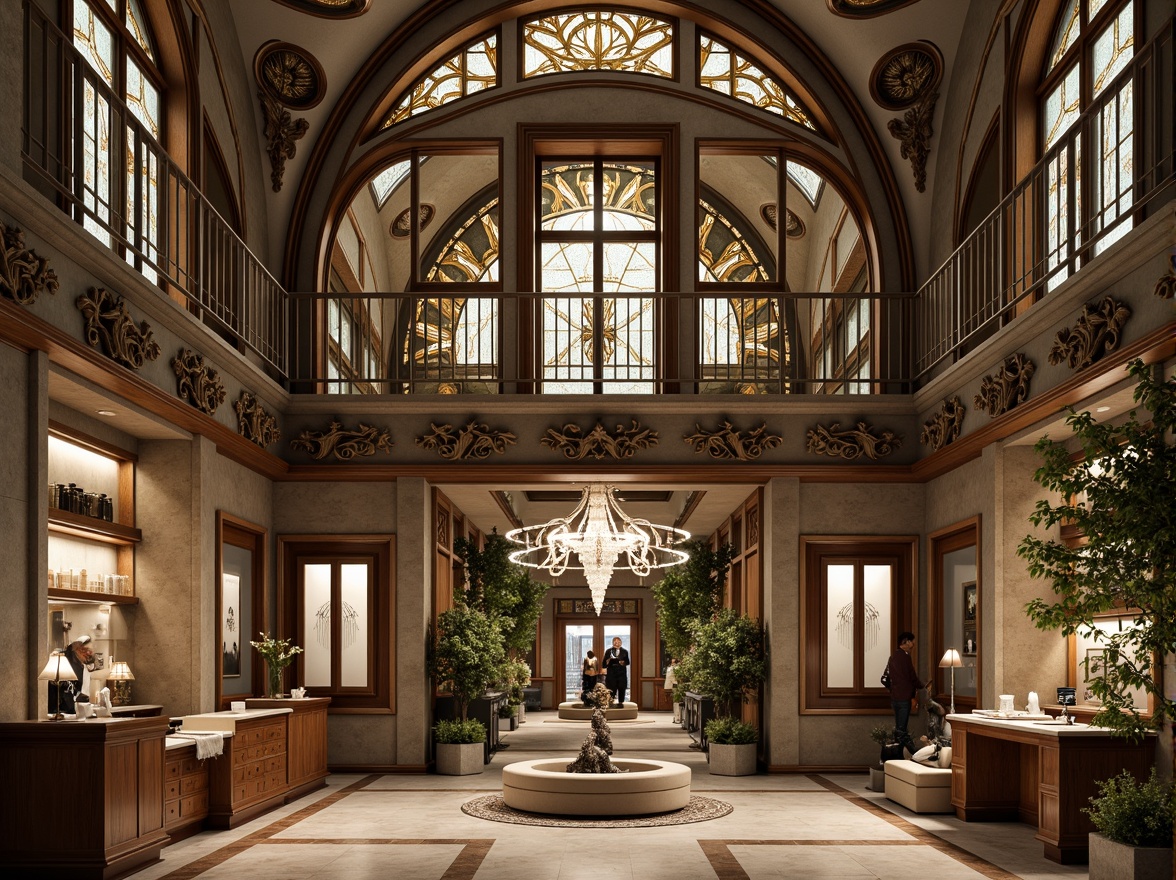 Prompt: Intricate bank facade, ornate Art Nouveau details, natural stone walls, carved wooden doors, stained glass windows, flowing organic lines, botanical motifs, curved metal railings, grand entrance hall, marble floors, polished wood counters, elegant chandeliers, warm soft lighting, shallow depth of field, 1/2 composition, realistic textures, ambient occlusion.